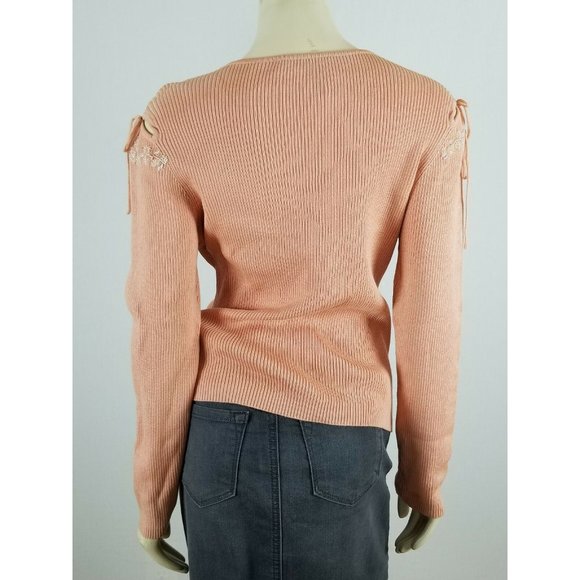 CHRISTINE PHILLIPE peach peekaboo sleeves beaded Sweater size Large - Picture 10 of 11